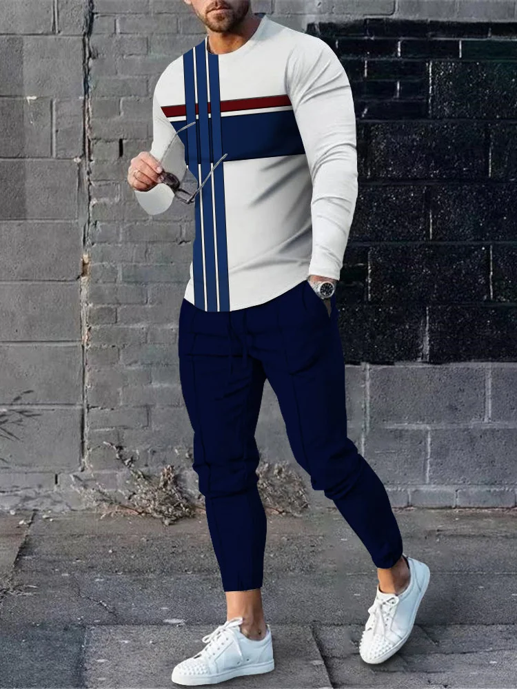 Men's fashion casual color matching striped print long sleeve two-piece set