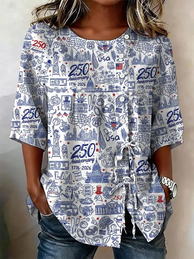 USA 250th Anniversary Doodle Print Top 