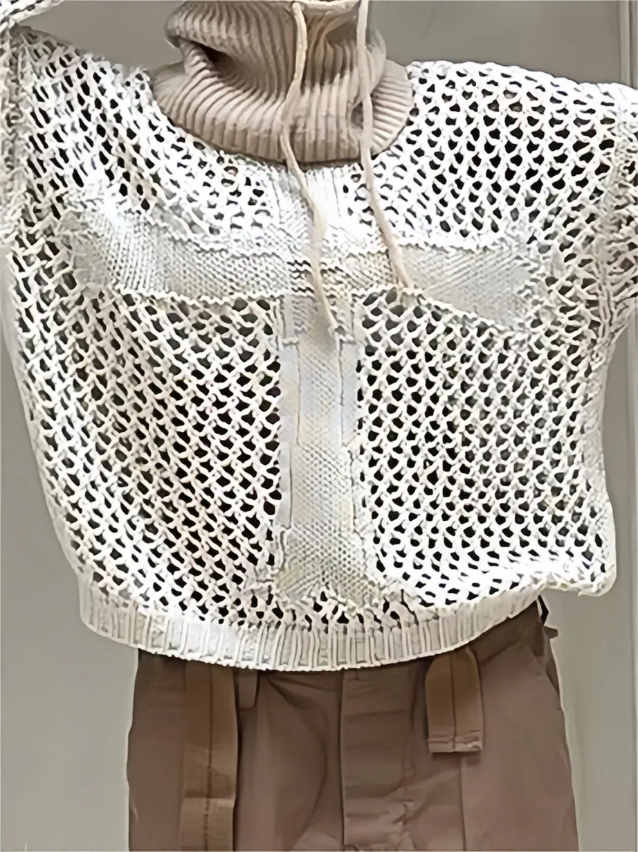 Brownm sleeve crochet knit top with cross motif