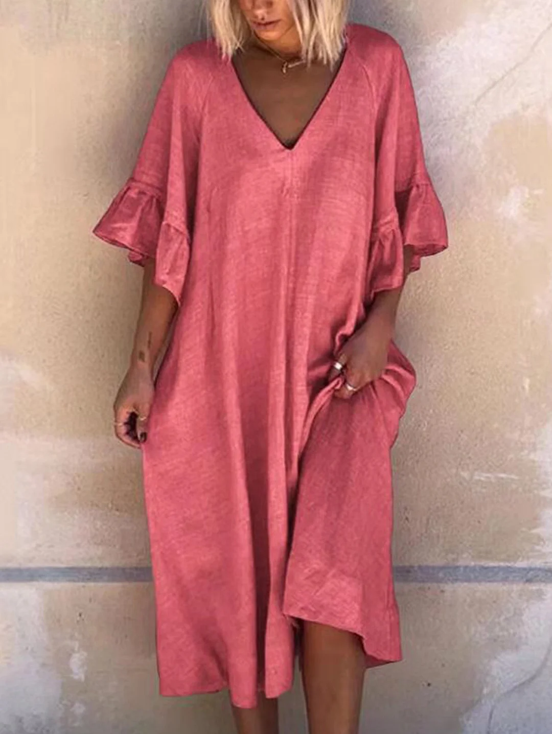 Casual Plain V Neck Flounce Sleeve Loose Midi Dress