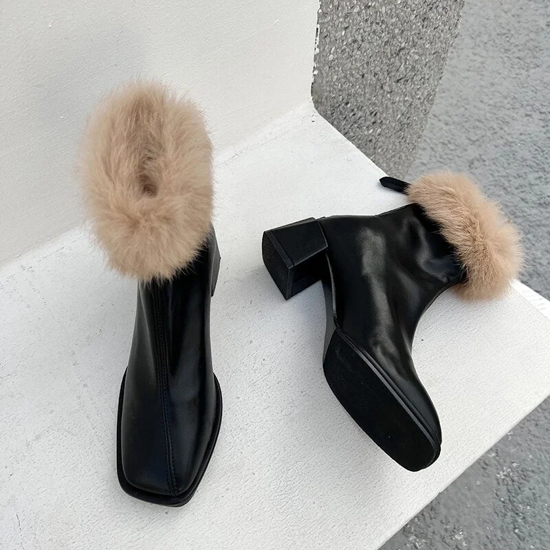  Winter Warm Fur Ankle Boots Woman Short Bootties Black Leather Sewing Ladies Bootties Female Fashion Thick Heel Shoes