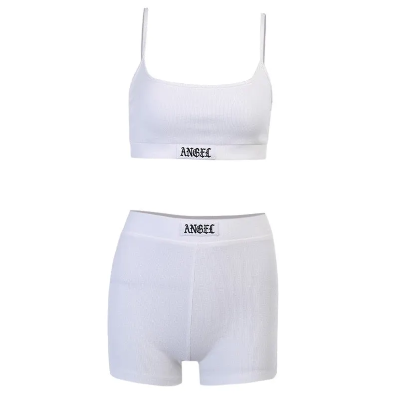 Weird Puss Sexy Embroidery Women Camisole Sporty+Biker Shorts Set Cotton Letter Print Elastic Tracksuit Fitness Holiday Clothing