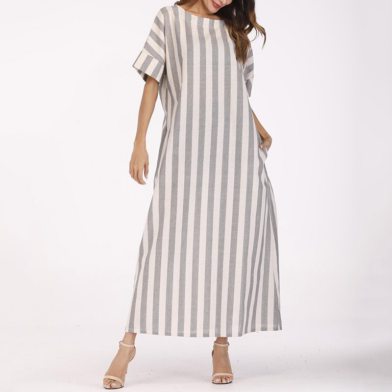 Boho Striped Summer Dress Cotton Linen Casual Loose Maxi Dress