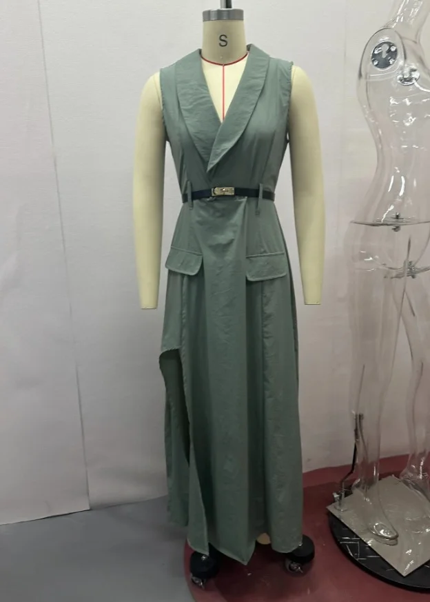 Ueong Ueong Summer Women's Solid Color Lapel Tie Waist Sleeveless Temperament Dress