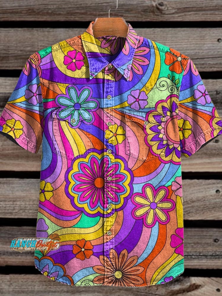 Unisex Vintage Hippie Vibes Floral Pattern Print Casual Short Sleeves Shirt