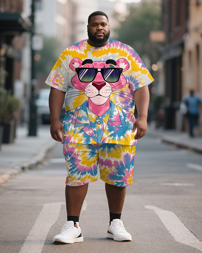 Men's Plus Size Pink Tie Dye Graffiti Cartoon Print Short Sleeve T-Shirt Shorts Suit
