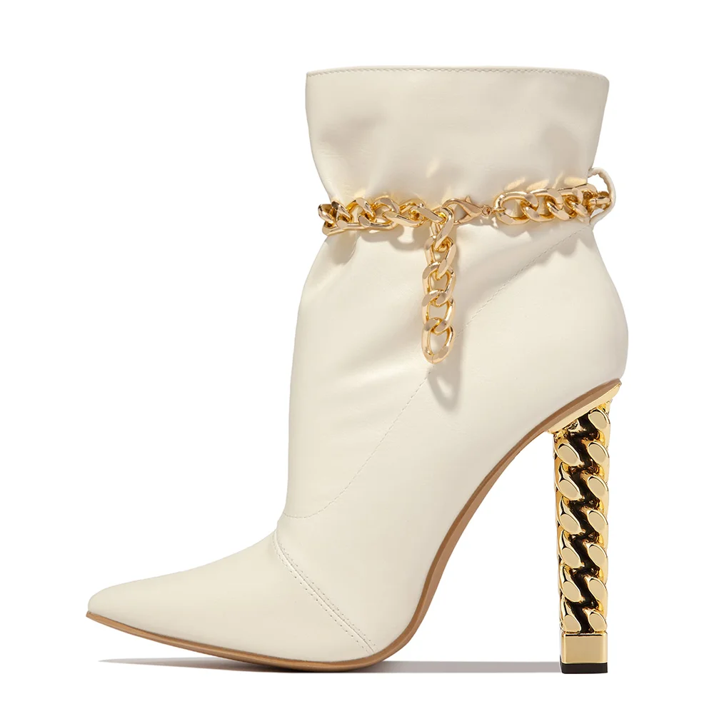 White Leather Simply And Comfort Ankle Boots With Decorated Heel