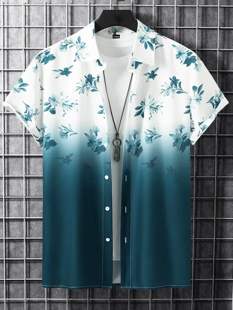 Enanhua Men's Shirt Gradient flowers pattern Top Summer New Men's Clothing Fashion Casual Short-Sleeved Buttons Blouse Hawaiian Shirts