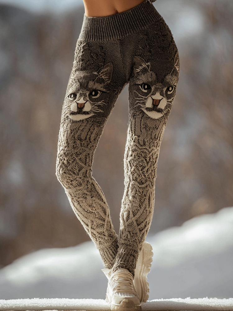 Cute Cat Face Inspired Pattern Cozy Knit Leggings