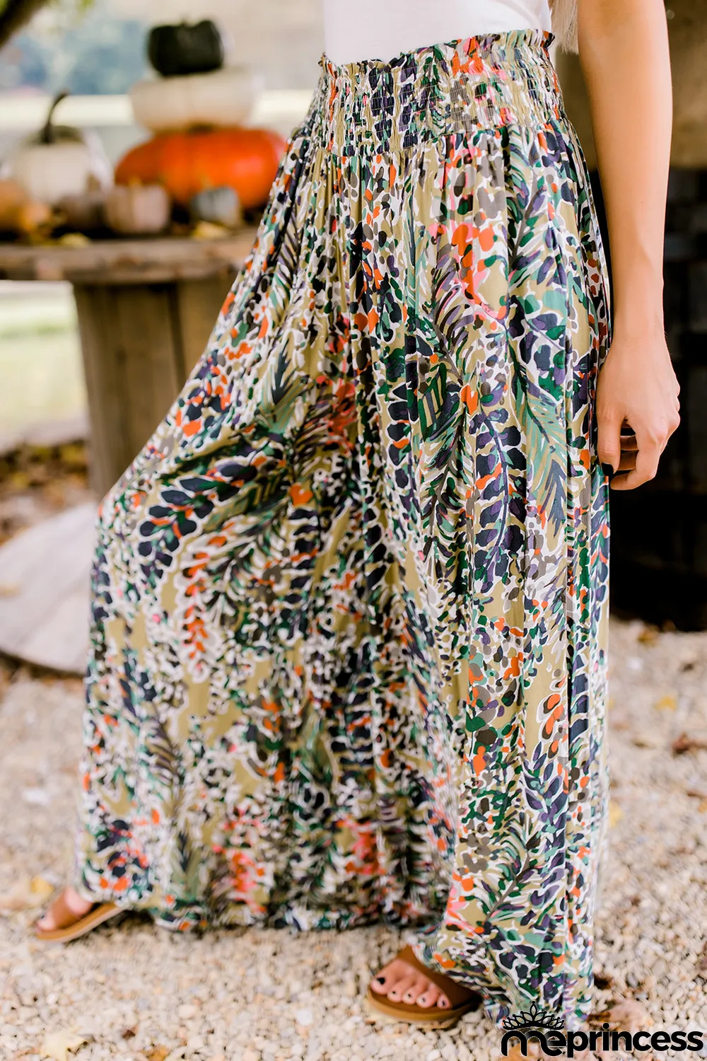 Multicolor Floral Print Shirred High Waist Wide Leg Casual Pants