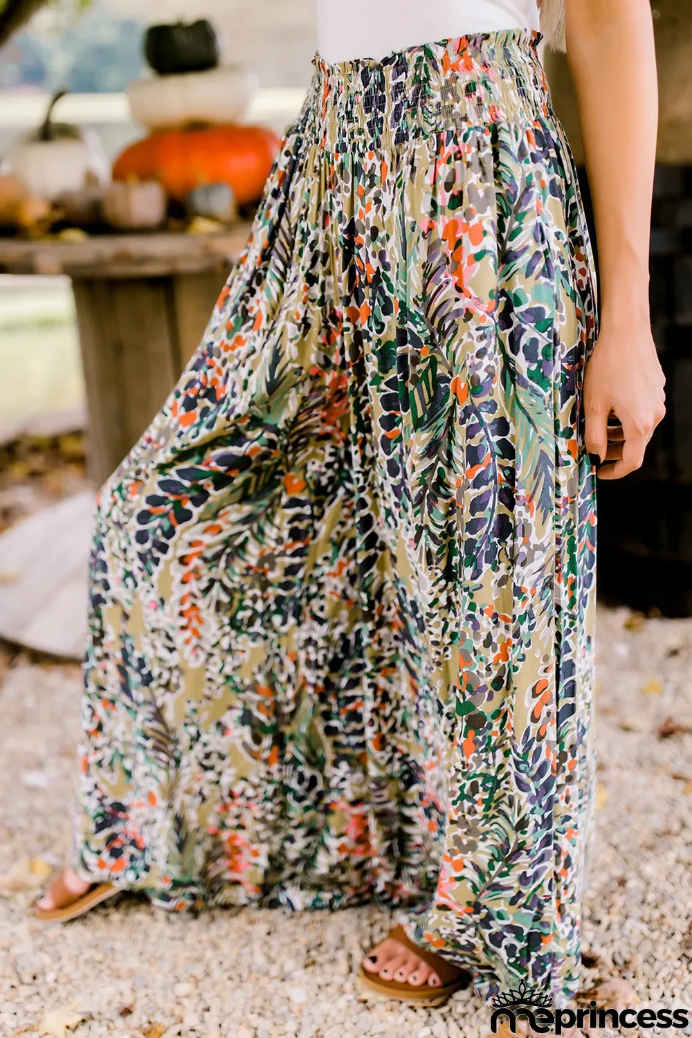 Multicolor Floral Print Shirred High Waist Wide Leg Casual Pants