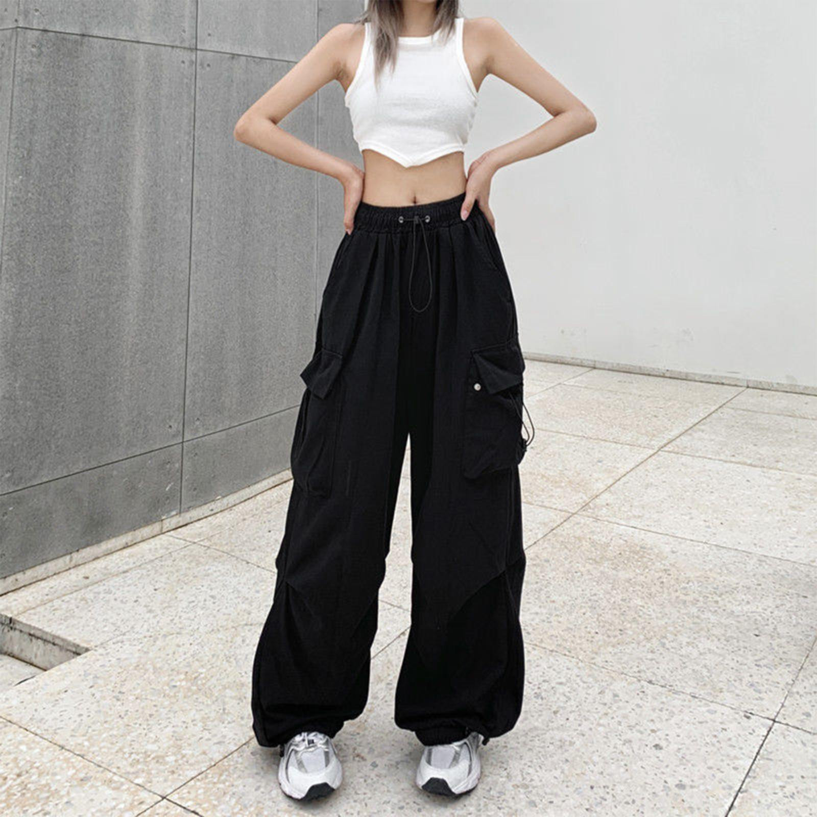 Magibyte costumes for women hot Women Big Pockets Cargo Pants Y2k High Elastic Waist Drawstring Baggy Trousers Vintage Casual Loose Side Zipper Straight Pants