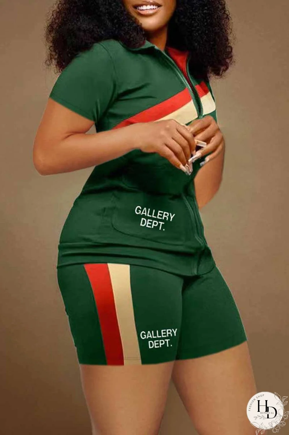 Rose Red Casual Street Print Letter Zipper Collar Short Sleeve Two Pieces