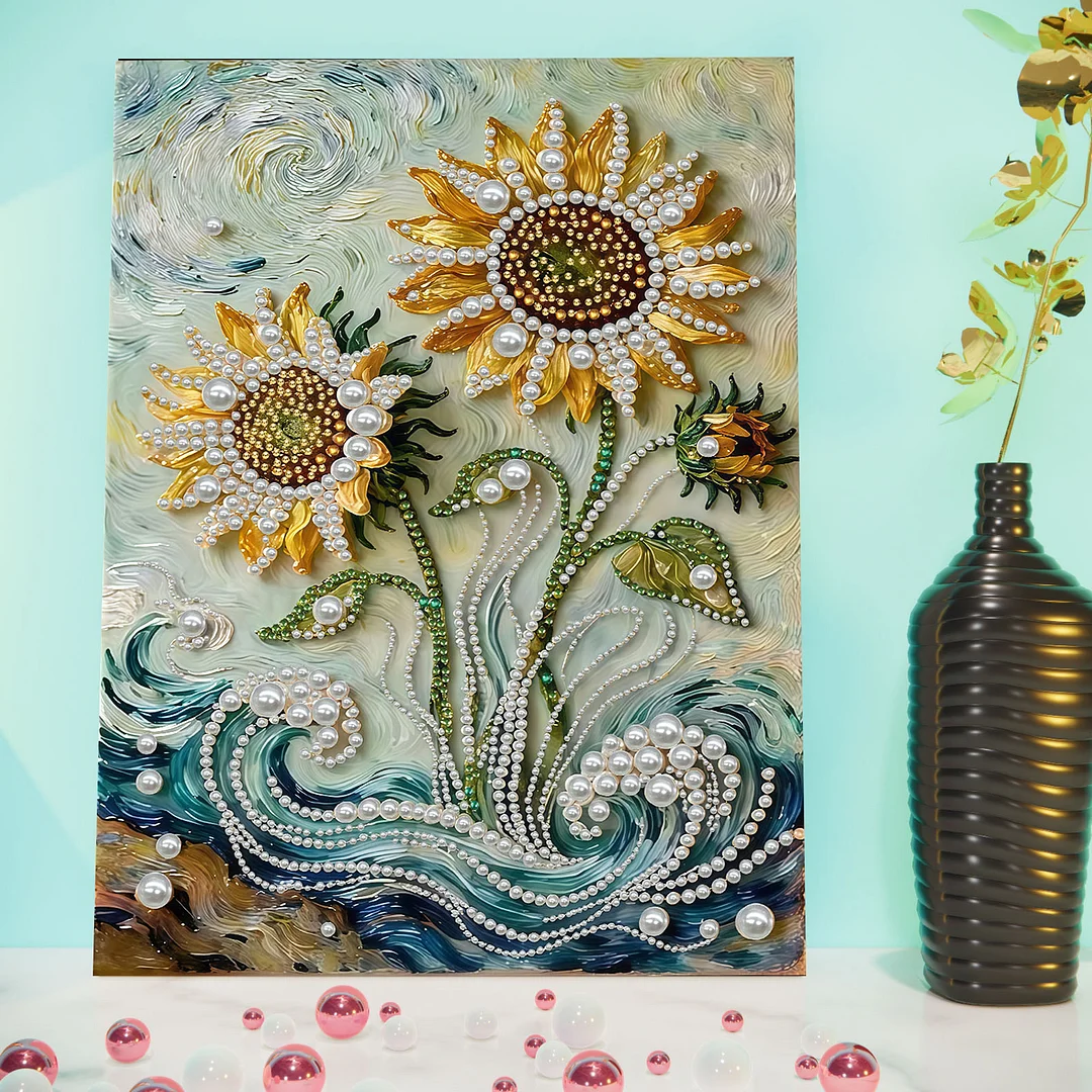 Sunflower DIY Pearl Diamond Art Painting Kit with Frame 11.81x15.75in Home Decor