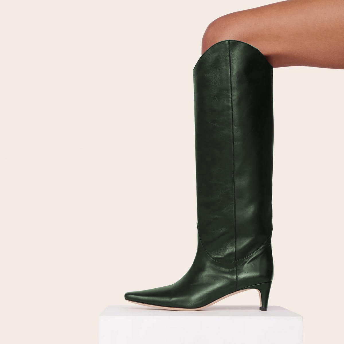 Dark Green Vegan Leather Knee High Boots for Women with Square Toe Nicepairs