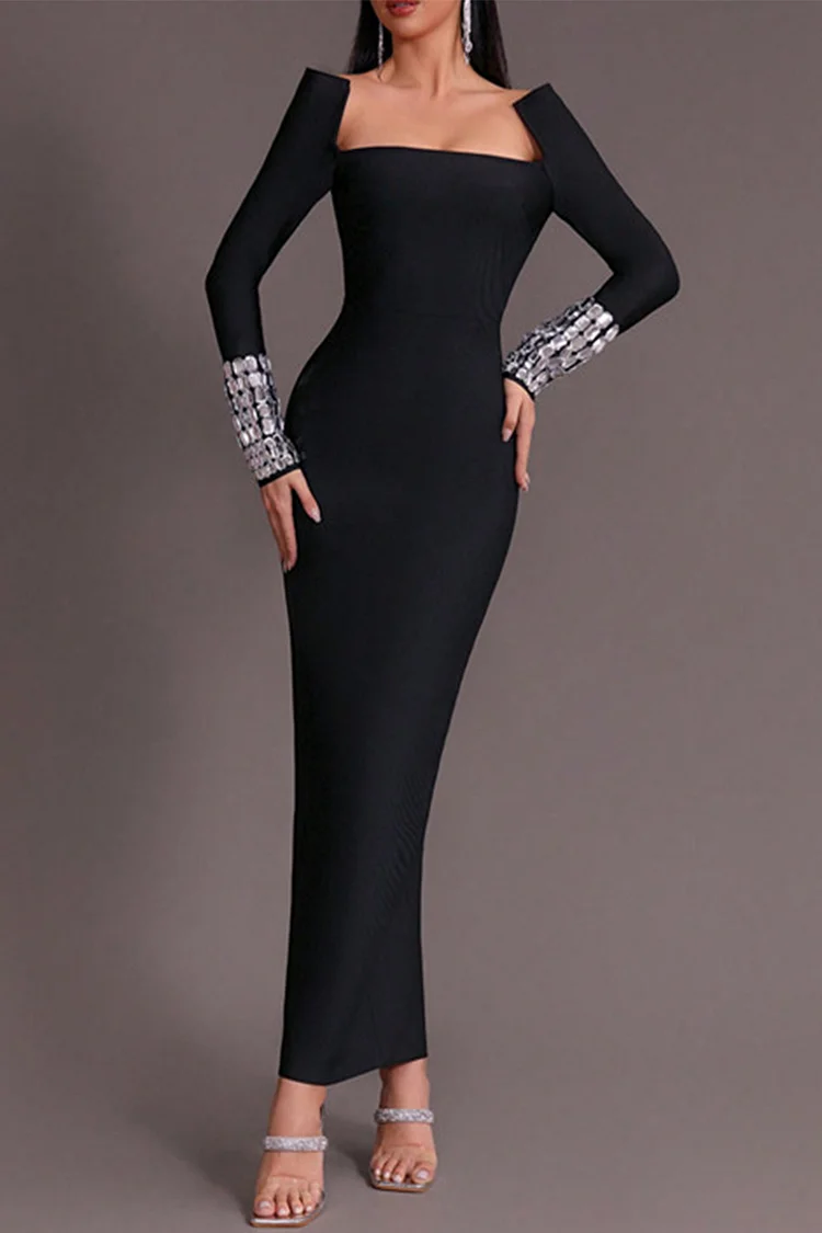Off Shoulder Rhinestone Cuff Bodycon Maxi Dress-Black