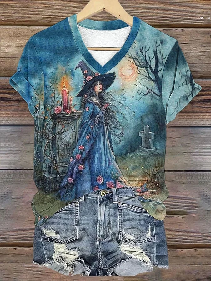 Women's Halloween Magical Enchanting Witch Print Casual V-Neck Tee