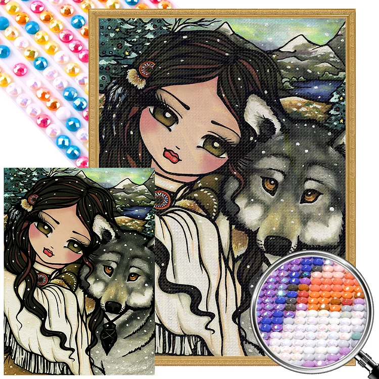 Partial AB Drill - Full Round Diamond Painting - Wolf And Girl 40*55CM
