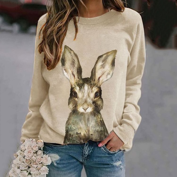 VChics Animal Rabbit Print Round Neck Long Sleeve Sweatshirt
