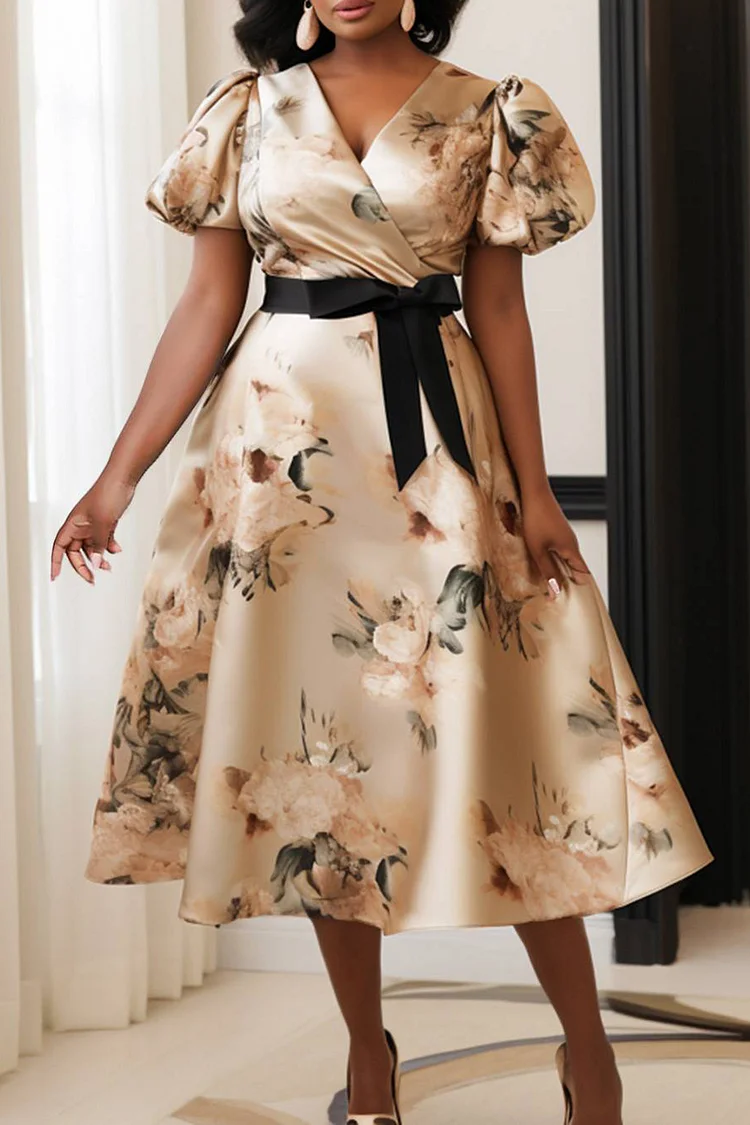 Xpluswear Design Plus Size Mother Of The Bride Champagne Floral Wrap Neck Puff Sleeve Short Sleeve Bow Tie Midi Dresses
