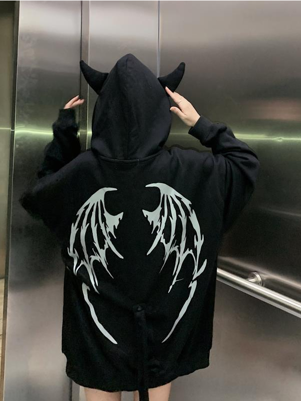 Dark Devil Graphic Printed Loose Zip Up Jacket