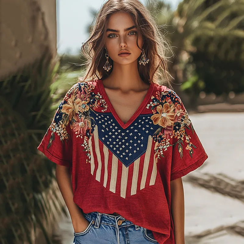 Women's Independence Day Flag Flower Embroidered Art Linen T-shirt elevenforest