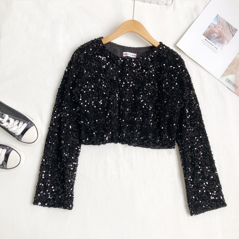 Women Autumn T Shirts Sequins O-Neck Long-sleeved Tee Temperament Young Lady Sweet Short Crop Top Female GX1165
