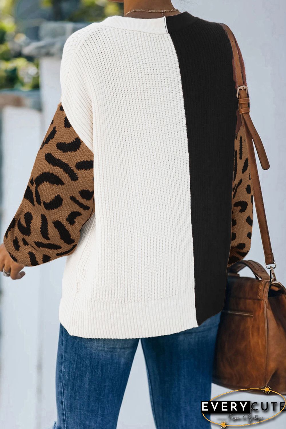 Leopard Print Contrast Color V Neck Sweater