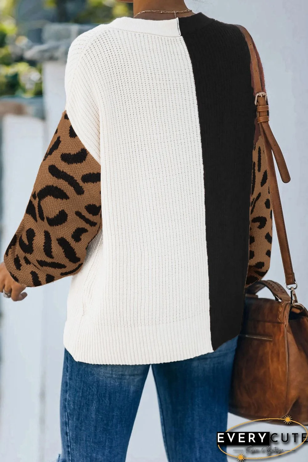 Leopard Print Contrast Color V Neck Sweater