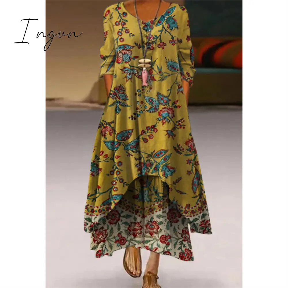Ingvn - Fashion Summer Maxi Dress Women’s Printed Sundress Casual Short Sleeve Vestidos Female