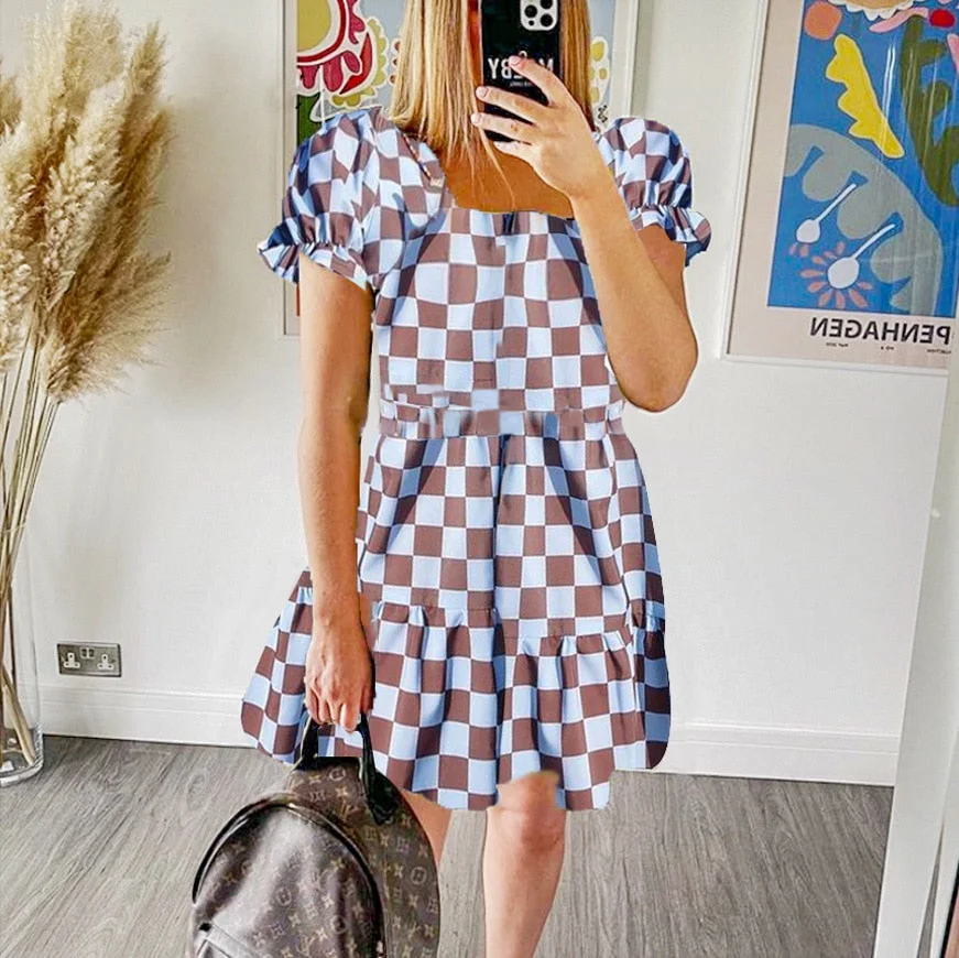 Casual Short Sleeve Shirt Dress For Women White 2021 Summer  Patchwork Plaid Woman Dresses Clothing Femme Robe