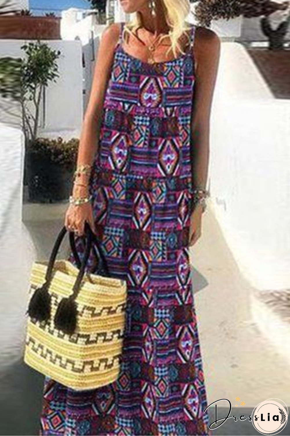 Vintage Print Patchwork Spaghetti Strap Straight Dresses