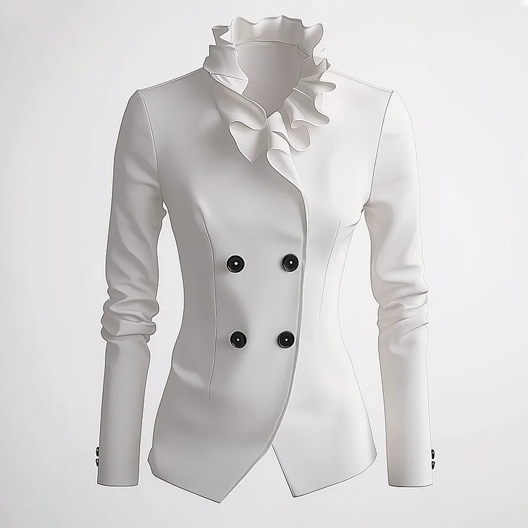 Ursime Ruffled Stand Collar Double Breasted Long Sleeve Jacket