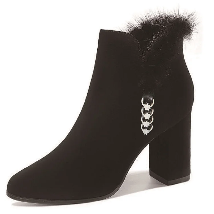 Black Rings Decorated Furry Block Heels Ankle Boots |FSJ Shoes