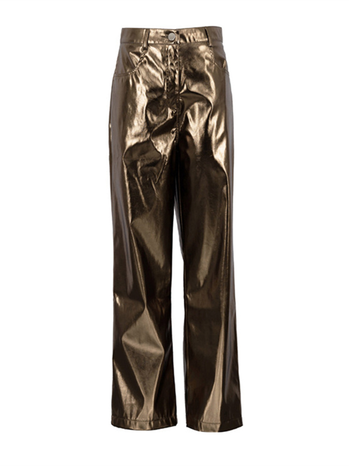 Women's Street High Waist Reflective Metallic PU Leather Pants Women Fashion Trend Pants S-L