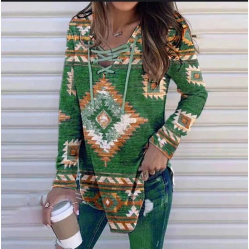 Uveng V-neck Lace Printing Printed Long Sleeve Women's Pullover