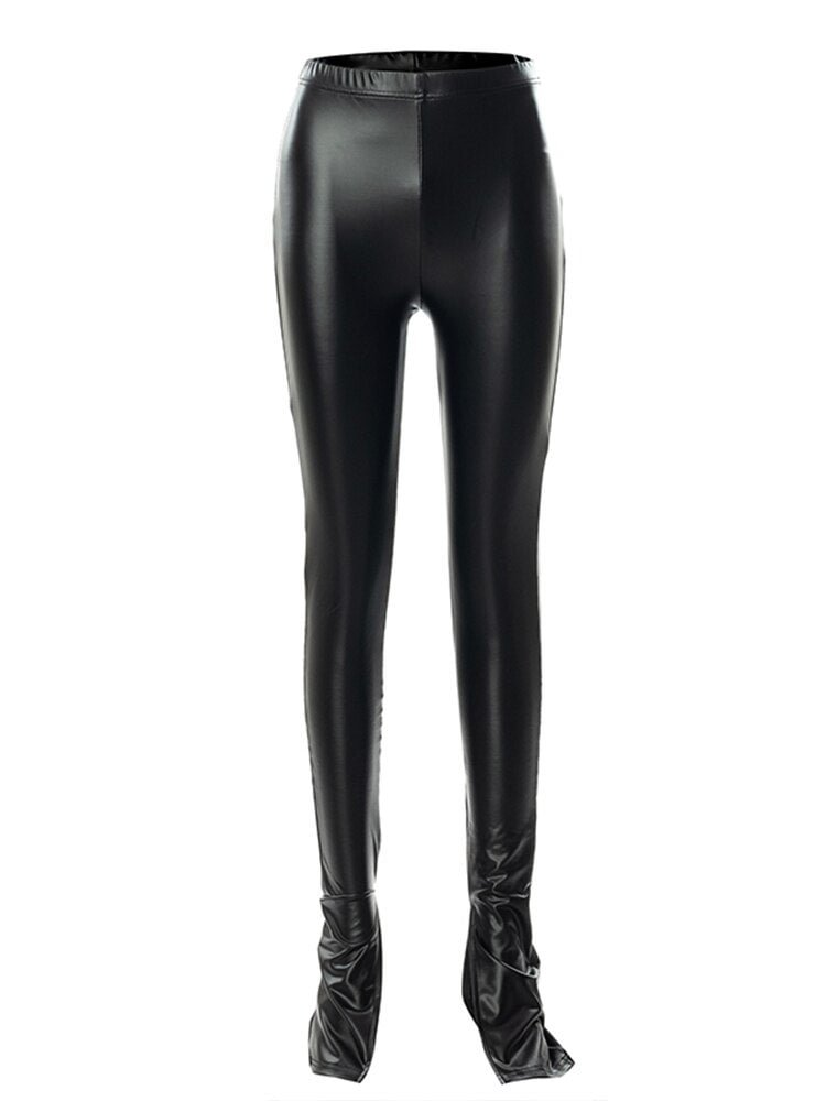 WannaThis Faux PU Leather Pants Casual Hollow Out Splitted Sexy Skinny Streetwear Daily Wear Pencil Autumn 2021 Black Trousers