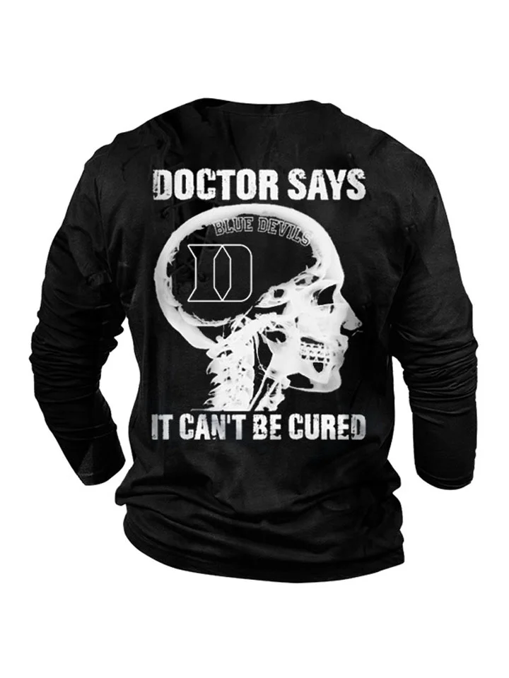 IT CAN'T BE CURED Letter Skull Print Long-sleeved Loose Cotton Men's Bottoming Shirt-Cosfine