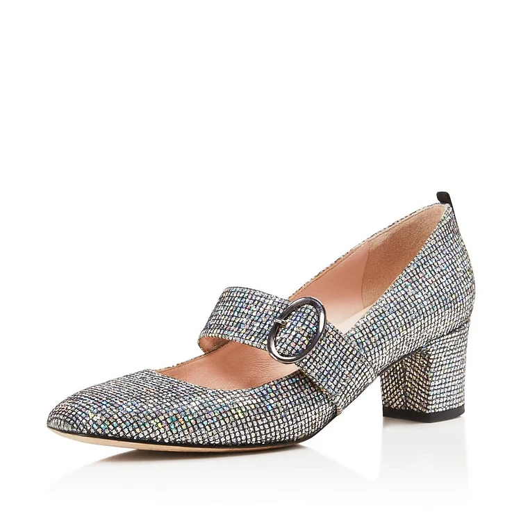 Glitter Mary Jane heels Chunky Heel Pumps |FSJ Shoes