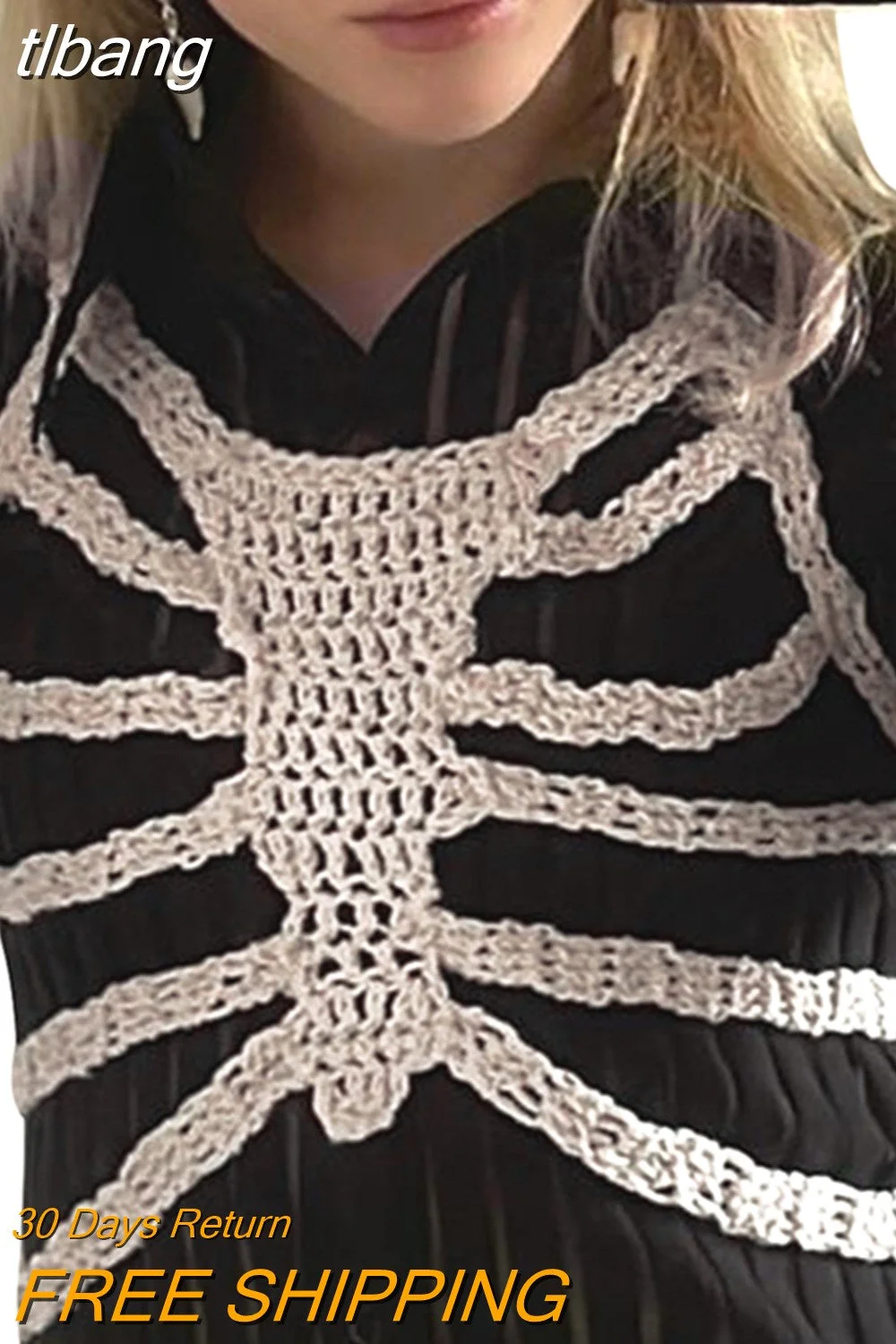 tlbang 2000s Skeleton Crochet Top Gothic Aesthetic Hollow Out Knitted Tshirt Women Tanks Streetwear y2k Dark Academia Clothes