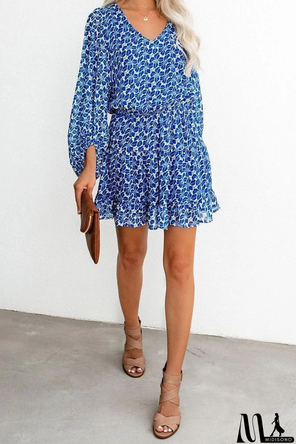 MidiSono - V Neck Lantern Sleeves Floral Tunic Dress