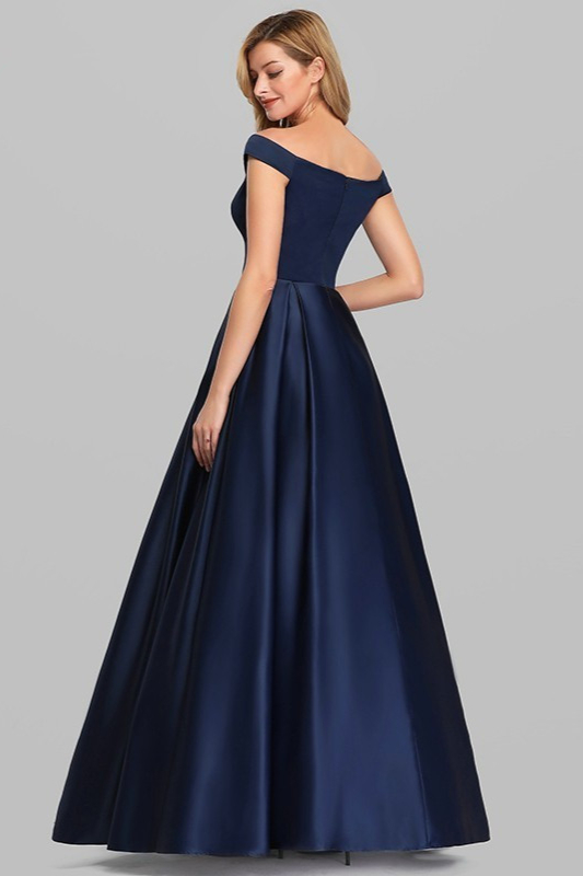 Navy Blue Satin Off-the-Shoulder Long Evening Gowns