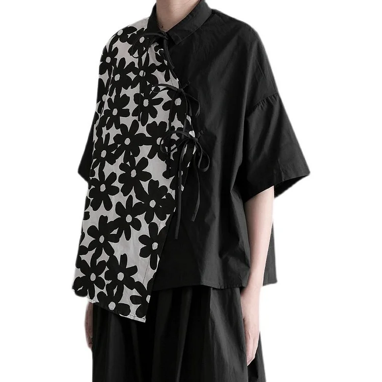 Stylish Turn-down Collar Floral Printed Asymmetrical Patchwork Lacing Half Sleeve Shirt  