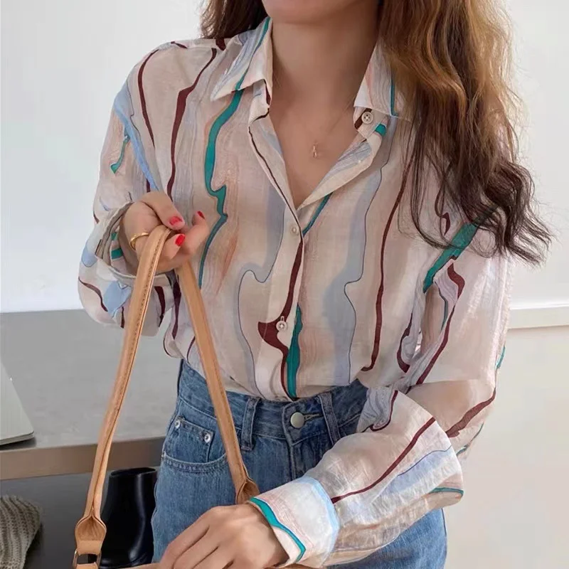 Uveng Uveng Shirt Woman New Korean Ins Folded Striped Loose Long-Sleeved Shirt Top Female Thin