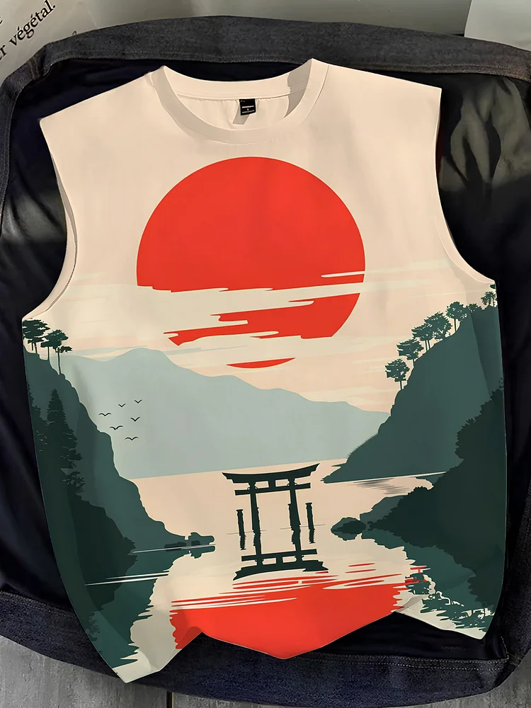 Men's Japanese Torii Gate Landscape Art Printed Tank Top