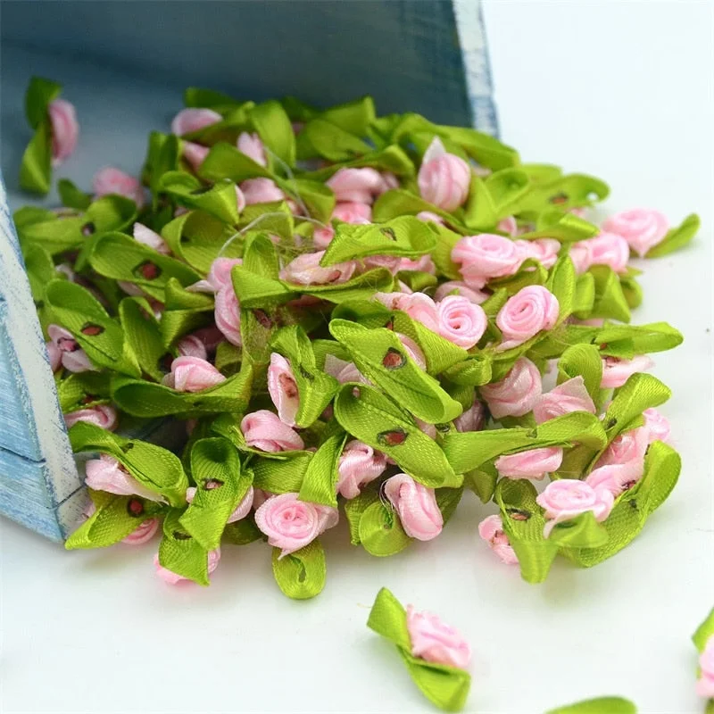 300pcs Mini Satin Ribbon Flower Silk Rose head Ribbon DIY Wedding Bow Appliques Craft Sewing Clothing Accessories  Decoration