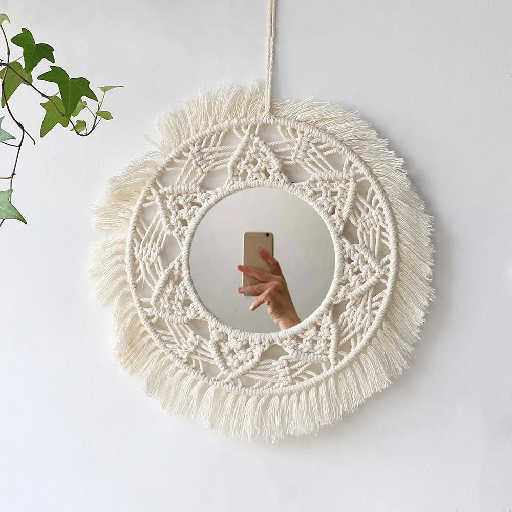 Boho Round Macrame Mirror Makeup Porch Decorative Wall Mirrors Home Decor Living Room Bedroom Christmas Decoration