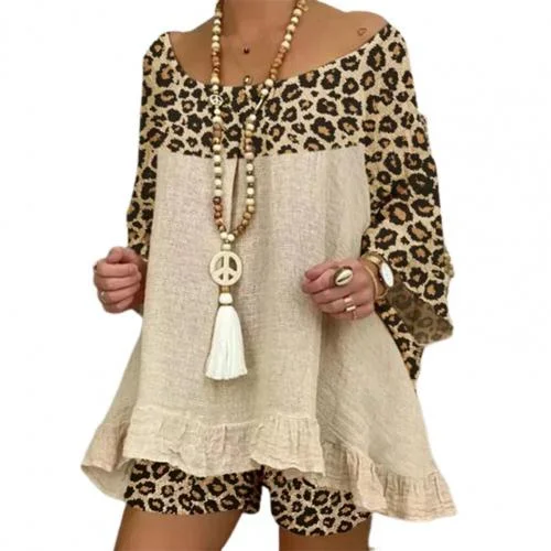 Women Outfit Casual 3/4 Sleeve Leopard Patchwork O Neck Loose T-shirt Shorts Loose Summer Elegant Women Matching Set