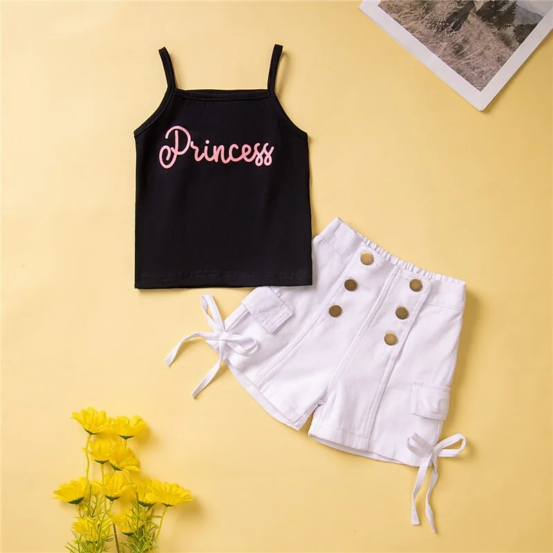 2 Pieces Toddler Girls' Children's Day Letter Halter Tank Top & Shorts Set Set Sleeveless Vacation Outdoor 3-7 Years Spring Black | IFYHOME