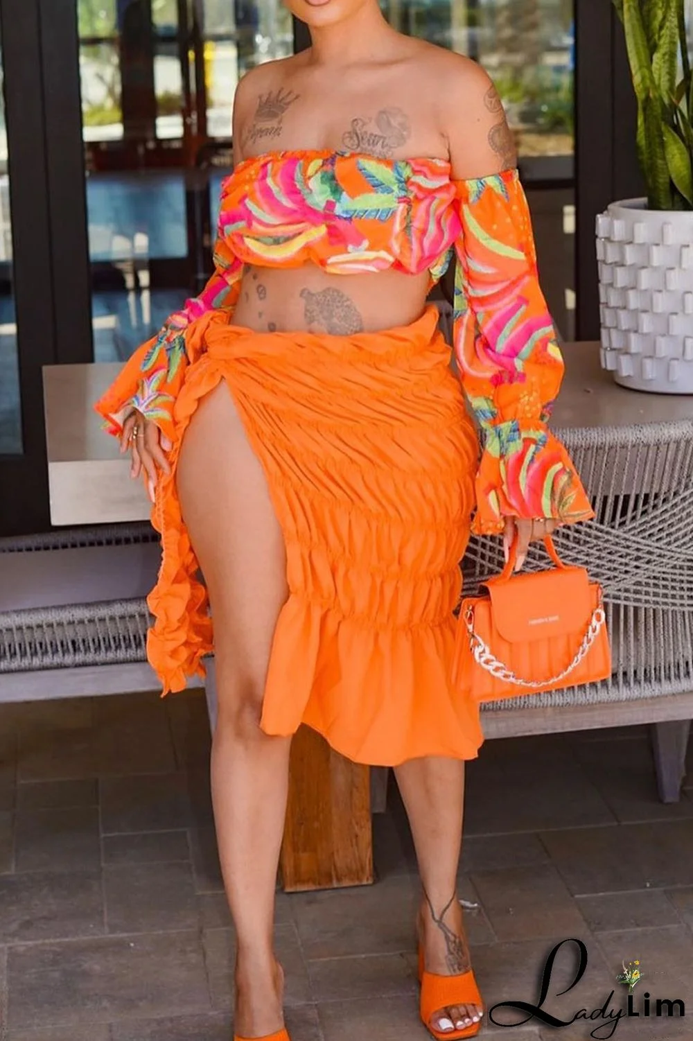 Orange Fashion Sexy Print Backless Slit Off the Shoulder Long Sleeve Two Pieces